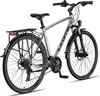 A silver and black trekking bike is shown from a three-quarter rear view against a white background. Produktbild-Vorschau