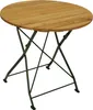 A round wooden folding table with a dark green metal base, shown against a white background. Produktbild-Vorschau