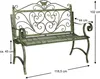 A green metal garden bench with decorative scrollwork and a butterfly motif on the backrest, shown with measurement annotations. Anteprima dell’immagine prodotto