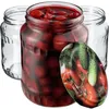 Three glass jars, one filled with red cherries, and a lid with a printed image of tomatoes and cucumbers. Anteprima dell’immagine prodotto