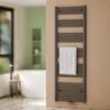 A bathroom with a towel warmer, bathtub, and window. Produktbild-Vorschau