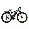 A black electric mountain bike with blue accents is shown against a white background. Produktbild-Vorschau