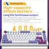 A close-up marketing image of a mechanical keyboard with text highlighting its battery capacity. Produktbild-Vorschau