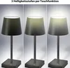 Three identical table lamps are shown side-by-side, each displaying a different brightness level. Produktbild-Vorschau
