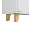 A close-up view of the bottom of a white cabinet or shelf unit, showing two wooden legs. Produktbild-Vorschau