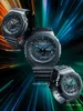 Three Casio G-Shock watches are displayed against a dynamic, colorful background with light streaks. Produktbild-Vorschau