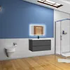 A modern bathroom with a wall-mounted vanity, toilet, and shower stall. Produktbild-Vorschau