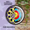 A dartboard with two different sides, one traditional and one archery-style, set against a brick wall and a purple background with stars. Voir les images du produit