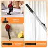 Collage showing a red and black cordless vacuum cleaner with various attachments, including a pet hair brush and crevice tool. One image shows the vacuum on a bed next to a cat, another shows it cleaning a sofa, and a third displays the extension wand. Voir les images du produit