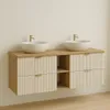 A modern double vanity bathroom cabinet with two vessel sinks and faucets mounted on a wooden countertop. Podgląd zdjęcia produktu