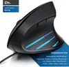 A black ergonomic vertical mouse with blue LED accents, presented on a white background with marketing text. Produktbild-Vorschau