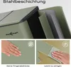 A close-up view of a trash can's layered construction and its surface properties, with two inset images demonstrating fingerprint resistance and ease of cleaning. Náhľad obrázku produktu