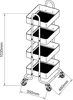 A technical drawing of a four-tier rolling cart with dimensions indicated. Náhled obrázku produktu