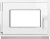 A white window frame with a clear glass pane and a white handle. Produktbild-Vorschau