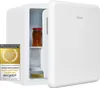 A white mini-fridge with its door open, showing a jar of honey and a container of food inside. A German customer award badge is attached to the left side of the fridge. Produktbild-Vorschau