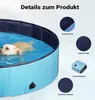 A dog swimming in a blue, foldable dog pool. The image also includes close-up shots highlighting product features. Produktbild-Vorschau
