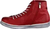 A side view of a single red high-top sneaker. Voir les images du produit