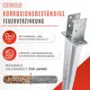 Marketing image showing a galvanized post anchor with text highlighting its corrosion resistance and durability. Náhled obrázku produktu