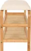 A front view of a bamboo shoe rack with a beige seat cushion. Produktbild-Vorschau