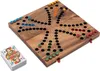 A wooden board game with colorful playing pieces and a deck of cards next to it. Produktbild-Vorschau