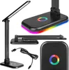 A collage of images showing a black desk lamp from different angles, including a close-up of its base with RGB lighting. Podgląd zdjęcia produktu