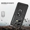 A black phone case with a ring holder is shown at an angle, with debris falling around it to simulate a drop. Produktbild-Vorschau