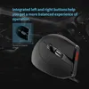A black ergonomic mouse is shown on a dark, textured background with a diagram of its buttons and descriptive text. Produktbild-Vorschau