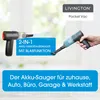 A product image showcasing a cordless vacuum cleaner with a blowing function, presented in a marketing context with text overlays and a lifestyle shot. Produktbild-Vorschau