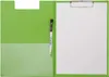 A bright green clipboard folder with a clear plastic pocket on the left and a white sheet of paper clipped to the right. Produktbild-Vorschau