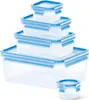 A set of five clear plastic food storage containers with blue lids, stacked and arranged on a white background. Produktbild-Vorschau
