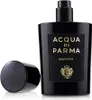A black bottle of Acqua di Parma Ambra Eau de Parfum with its cap off, placed on a white surface. Voir les images du produit