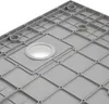 The underside of a gray shower tray with a grid-like structure and a central drain opening. Produktbild-Vorschau
