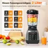 A blender is shown on a countertop with fruits and vegetables in the foreground, and a graphic displaying capacity information on the left. Produktbild-Vorschau