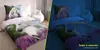 A split image showing a bed with horse-themed bedding in daylight and in darkness, highlighting its fluorescent properties. Náhled obrázku produktu