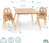 A wooden children's table and two chairs with a bunny design, with dimensions indicated by dashed lines and measurements. Produktbild-Vorschau