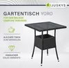 A black rattan garden table with a glass top, shown with marketing text and icons. Produktbild-Vorschau