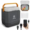 A collage of images showing a portable electric cooler and its accessories, including power adapters and a power bank. Náhľad obrázku produktu