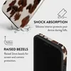 A product image showcasing a phone case with a cow print design, highlighting its shock absorption and raised bezel features. Náhled obrázku produktu