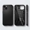 Three views of a black phone case: front, back, and side. Voir les images du produit
