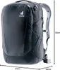 A black Deuter backpack is shown from the side with dimensions indicated. Produktbild-Vorschau