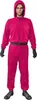A person wearing a pink hooded jumpsuit and black gloves and shoes, standing against a white background. Anteprima dell’immagine prodotto