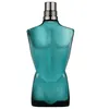 A teal-colored perfume bottle shaped like a male torso with a silver cap, set against a white background. Voir les images du produit