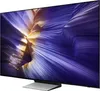 A side view of a modern television set with a colorful abstract image displayed on its screen, resting on a sleek silver stand. Produktbild-Vorschau