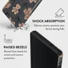 A product image showcasing a phone case with teddy bear and bow pattern, highlighting its shock absorption and raised bezel features. Podgląd zdjęcia produktu