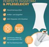 Marketing image for a white stretch table cover, highlighting its features and benefits. Produktbild-Vorschau