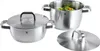 A set of two stainless steel pots with lids, one pot is filled with vegetables. Produktbild-Vorschau