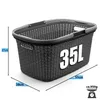 A dark gray laundry basket with dimensions and capacity indicated by text overlays. Produktbild-Vorschau