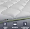 A close-up view of a white mattress topper with a textured surface, featuring three circular icons with text below them. Náhled obrázku produktu