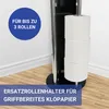 A toilet paper holder stand with three rolls of toilet paper on it, placed in a corner of a room with wooden flooring and white baseboards. Produktbild-Vorschau