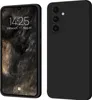 A black smartphone case is shown from the front and back, with the phone screen displaying the time and date. Produktbild-Vorschau